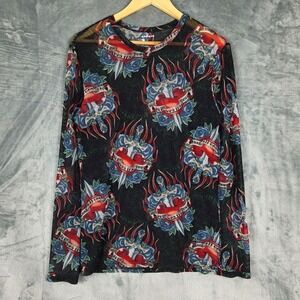 Womens Top Large Black Sheer Tattoo Goth Grunge Mesh Rave All Over Print Edgy